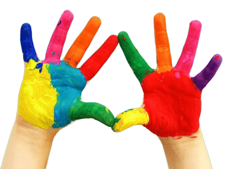 'Mani colorate con tempera e i palmi rivolti verso lo schermo'